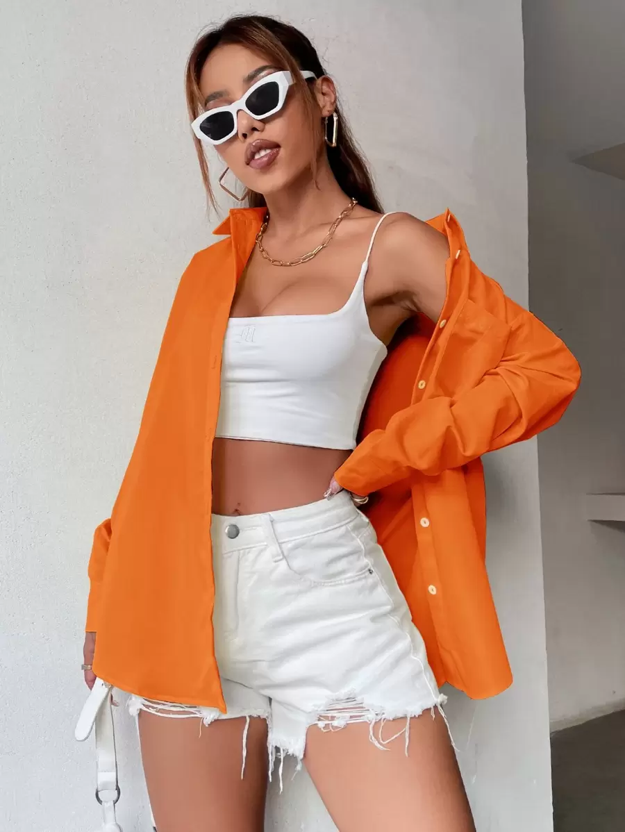 SHEIN MOOSTA Neon Orange Drop Shoulder Pocket Front Oversized Shirt Fall Cloth For Women - Orange - View 1