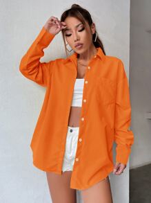 SHEIN MOOSTA Neon Orange Drop Shoulder Pocket Front Oversized Shirt Fall Cloth For Women - Orange - View 4
