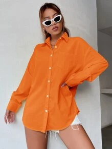 SHEIN MOOSTA Neon Orange Drop Shoulder Pocket Front Oversized Shirt Fall Cloth For Women - Orange - View 6