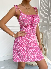 Soleia Đầm Thắt nút Thắt nơ trước Nếp gấp Phần Ngực Họa tiết hoa Boho - Màu Hồng Tươi - Xem 5