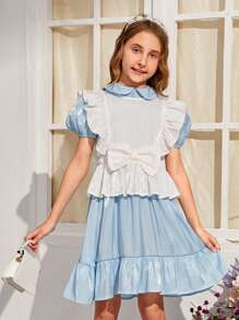 SHEIN Girls Bow Ruffle Trim Top & Puff Sleeve Peter-pan Collar Dress - Blue and White - View 1