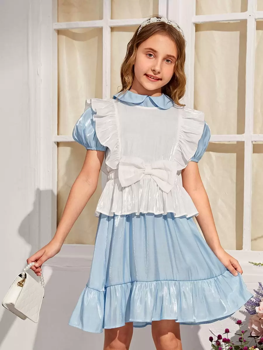 SHEIN Girls Bow Ruffle Trim Top & Puff Sleeve Peter-pan Collar Dress - Blue and White - View 1