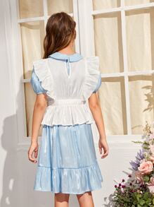 SHEIN Girls Bow Ruffle Trim Top & Puff Sleeve Peter-pan Collar Dress - Blue and White - View 2
