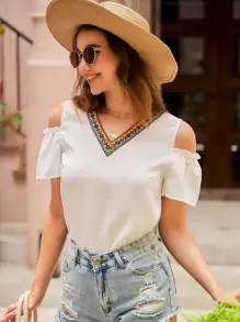 SHEIN VCAY Contrast Geo Tape Cold Shoulder Blouse - White - View 1