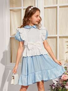 SHEIN Girls Bow Ruffle Trim Top & Puff Sleeve Peter-pan Collar Dress - Blue and White - View 4