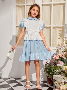 SHEIN Girls Bow Ruffle Trim Top & Puff Sleeve Peter-pan Collar Dress - Blue and White - View 5
