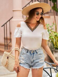 SHEIN VCAY Contrast Geo Tape Cold Shoulder Blouse - White - View 4