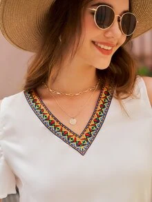 SHEIN VCAY Contrast Geo Tape Cold Shoulder Blouse - White - View 6