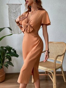 蝴蝶袖前打結下擺開叉洋裝 - 橘色 - 查看 1