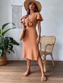 蝴蝶袖前打結下擺開叉洋裝 - 橘色 - 查看 6