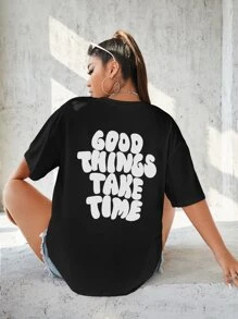 CovetEZ Plus Slogan Graphic Drop Shoulder Tee - Black - View 1