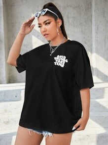 CovetEZ Plus Slogan Graphic Drop Shoulder Tee - Black - View 2