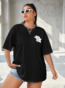 CovetEZ Plus Slogan Graphic Drop Shoulder Tee - Black - View 4