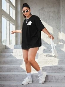 CovetEZ Plus Slogan Graphic Drop Shoulder Tee - Black - View 5