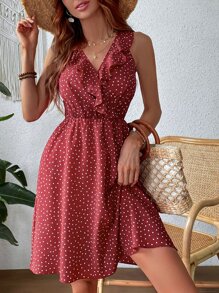 Breezaya Váy cổ xếp nếp chấm bi cho trang phục năm mới trang phục đi biển cho phụ nữ - Đỏ - Xem 1