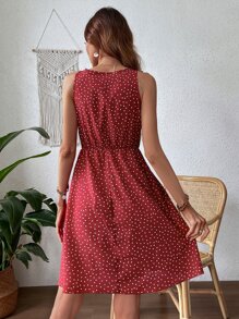 Breezaya Váy cổ xếp nếp chấm bi cho trang phục năm mới trang phục đi biển cho phụ nữ - Đỏ - Xem 2