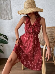 Breezaya Váy cổ xếp nếp chấm bi cho trang phục năm mới trang phục đi biển cho phụ nữ - Đỏ - Xem 6