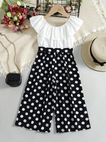 da bambine Tute a pois con bordo a volant con cintura