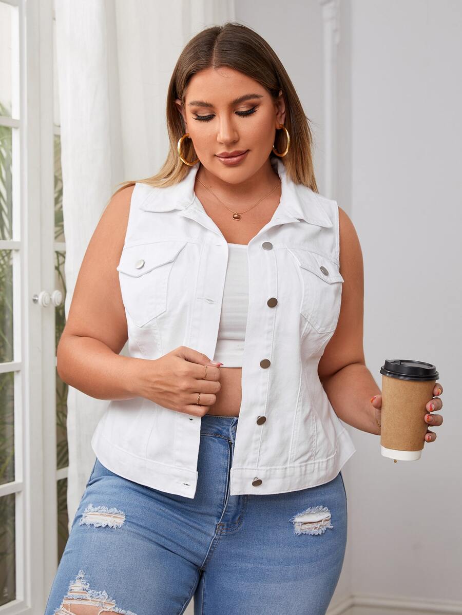 SHEIN LUNE 女裝大尺碼純色牛仔背心外套 - 白色 - 查看 1