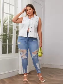 SHEIN LUNE 女裝大尺碼純色牛仔背心外套 - 白色 - 查看 5