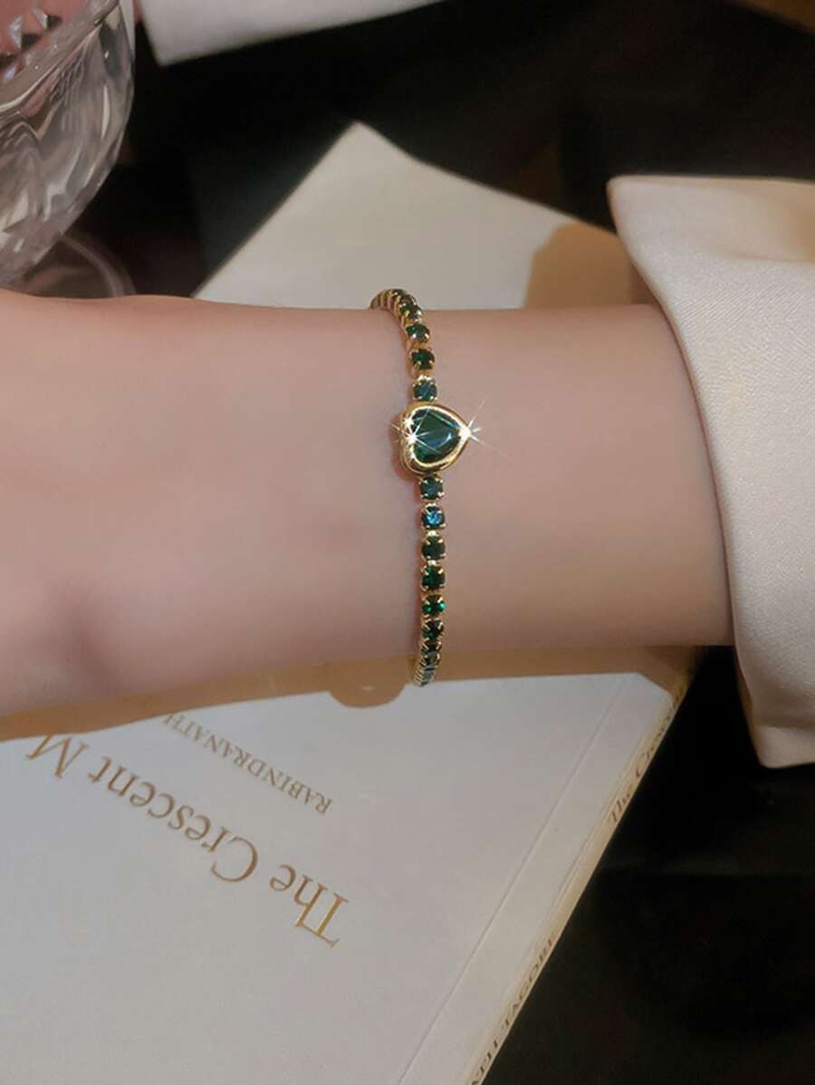 Rhinestone & Heart Decor Bracelet - Green - View 1
