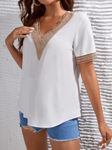 SHEIN Maternity Contrast Guipure Lace Blouse - White - View 4