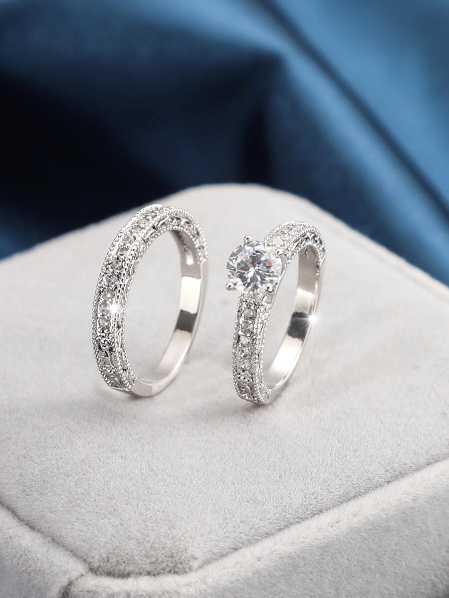2pcs/Set Cubic Zirconia Rings Set, Fashionable Stackable Rings Suitable For Women's Daily Wear - Silver - View 1