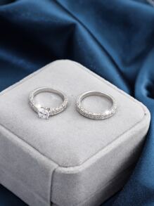 2pcs/Set Cubic Zirconia Rings Set, Fashionable Stackable Rings Suitable For Women's Daily Wear - Silver - View 2