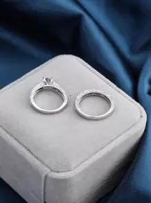 2pcs/Set Cubic Zirconia Rings Set, Fashionable Stackable Rings Suitable For Women's Daily Wear - Silver - View 3