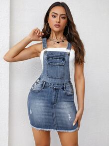 Flap Pocket Denim Raw Hem Overall Dress Without Tube Top - Dark Wash - View 5