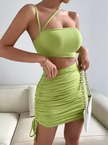 Chiquease Asymmetrical Neck Cutout Drawstring Side Cami Bodycon Dress