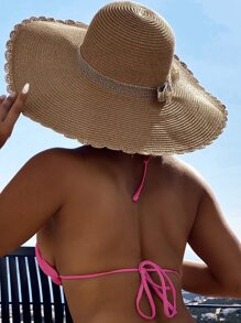 Faux Pearl Decor Frill Trim Triangle Bikini Top Beach Sexy Bikini Tops - Hot Pink - View 2