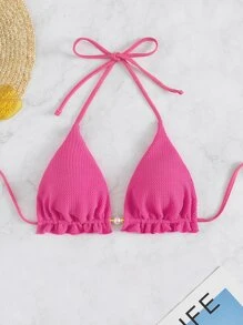 Faux Pearl Decor Frill Trim Triangle Bikini Top Beach Sexy Bikini Tops - Hot Pink - View 3