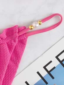 Faux Pearl Decor Frill Trim Triangle Bikini Top Beach Sexy Bikini Tops - Hot Pink - View 4