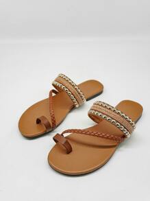 Women Studded Decor Braided Detail Thong Sandals, Vacation Colorblock Outdoor Toe Ring Flat Sandals - Brown - View 2