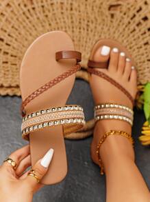 Women Studded Decor Braided Detail Thong Sandals, Vacation Colorblock Outdoor Toe Ring Flat Sandals - Brown - View 4