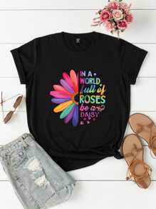 Plus Slogan And Floral Print Tee - Black - View 1