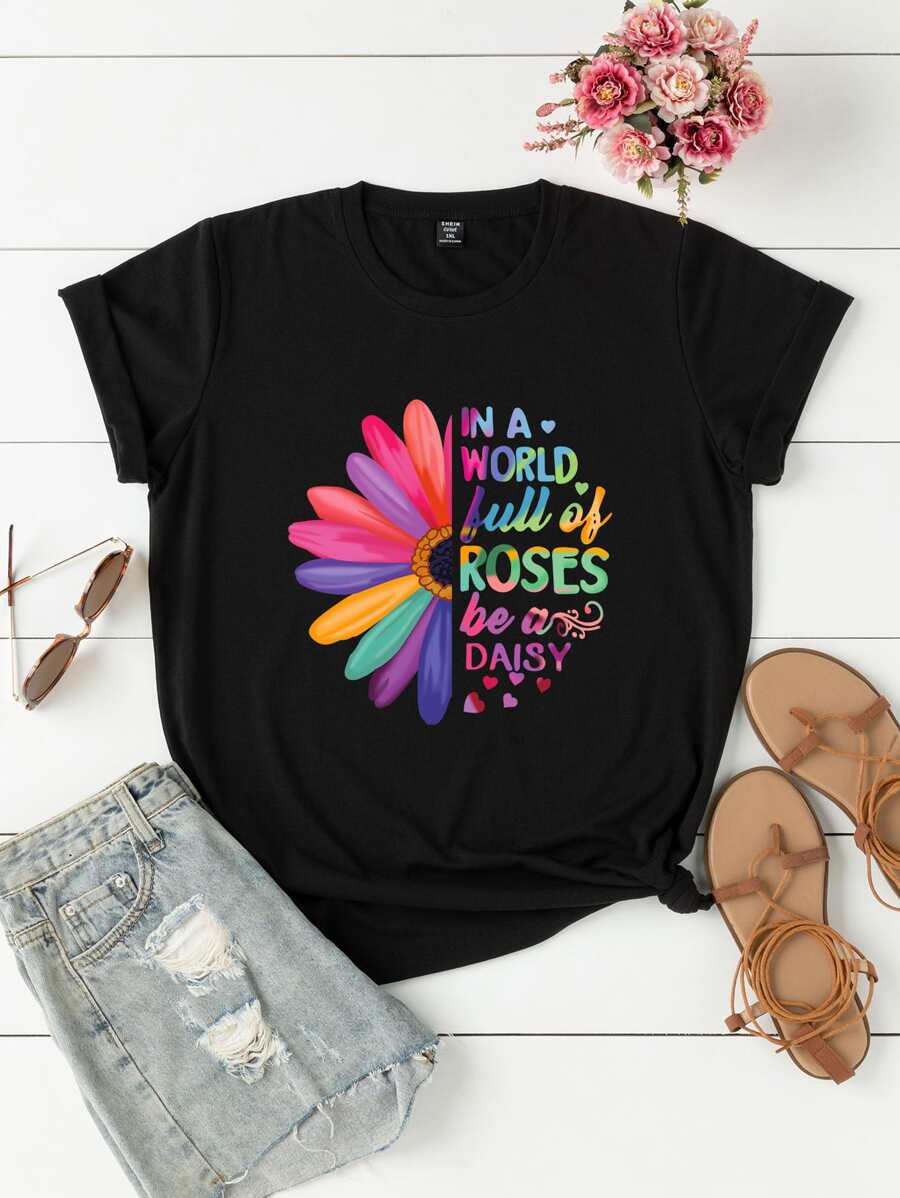 Plus Slogan And Floral Print Tee - Black - View 1