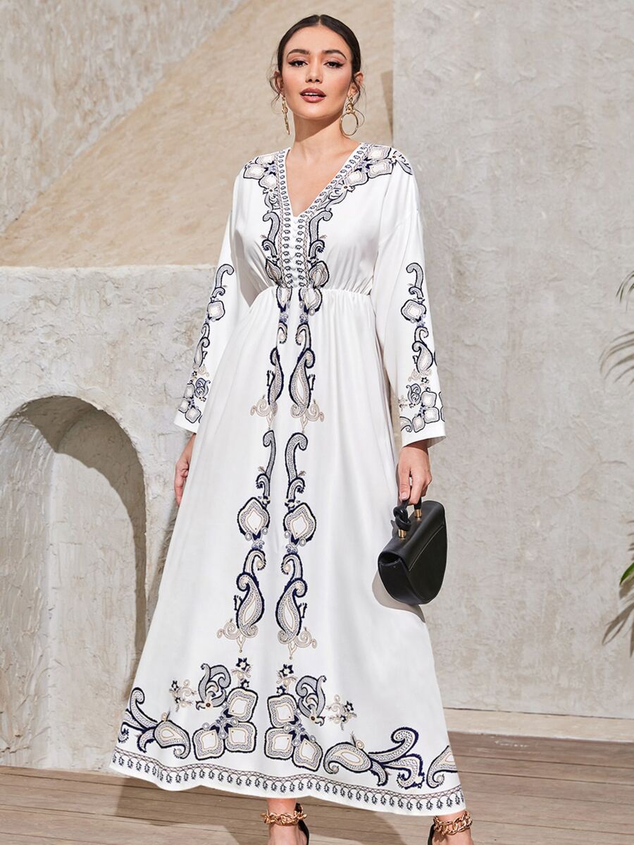 Mulvari 捲形花紋A字洋裝 - 白色 - 查看 1