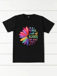 Plus Slogan And Floral Print Tee - Black - View 3