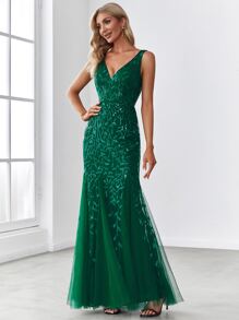 EVERPRETTY Đầm dạ hội dáng đuôi cá đính sequin hoa văn, cổ chữ V, thêu ngọc trai sang trọng, phù hợp cho dạ hội, tiệc tối và đám cưới. - Màu xanh lá cây đậm - Xem 2