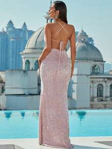 Missord Lace Up Open Back Sequin Formal Dress - Baby Pink - View 3