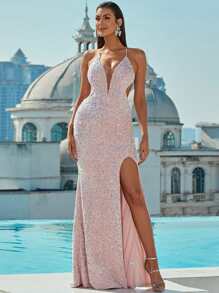 Missord Lace Up Open Back Sequin Formal Dress - Baby Pink - View 7