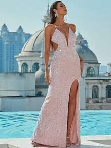 Missord Lace Up Open Back Sequin Formal Dress - Baby Pink - View 8