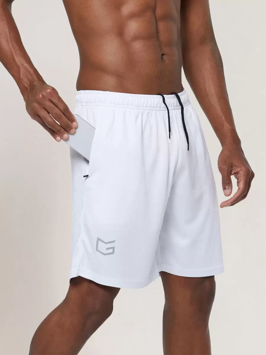 G Gradual Men Gym Shorts Graphic Print Drawstring Waist Zipper Pocket Sports Shorts White Shorts Jogger Shorts Drawstring Shorts - White - View 1