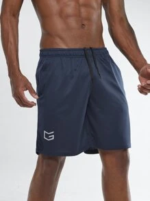 G Gradual Men Geo Print Zip Pocket Drawstring Waist Sports Shorts - Navy Blue - View 3