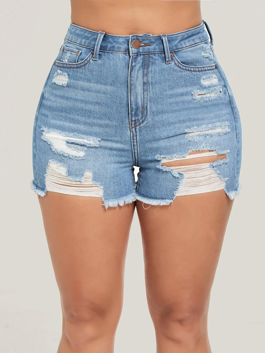 曲線高腰破洞牛仔短褲 - 淺色水洗藍 - 查看 1