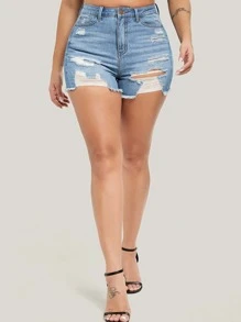 曲線高腰破洞牛仔短褲 - 淺色水洗藍 - 查看 3