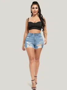 曲線高腰破洞牛仔短褲 - 淺色水洗藍 - 查看 6