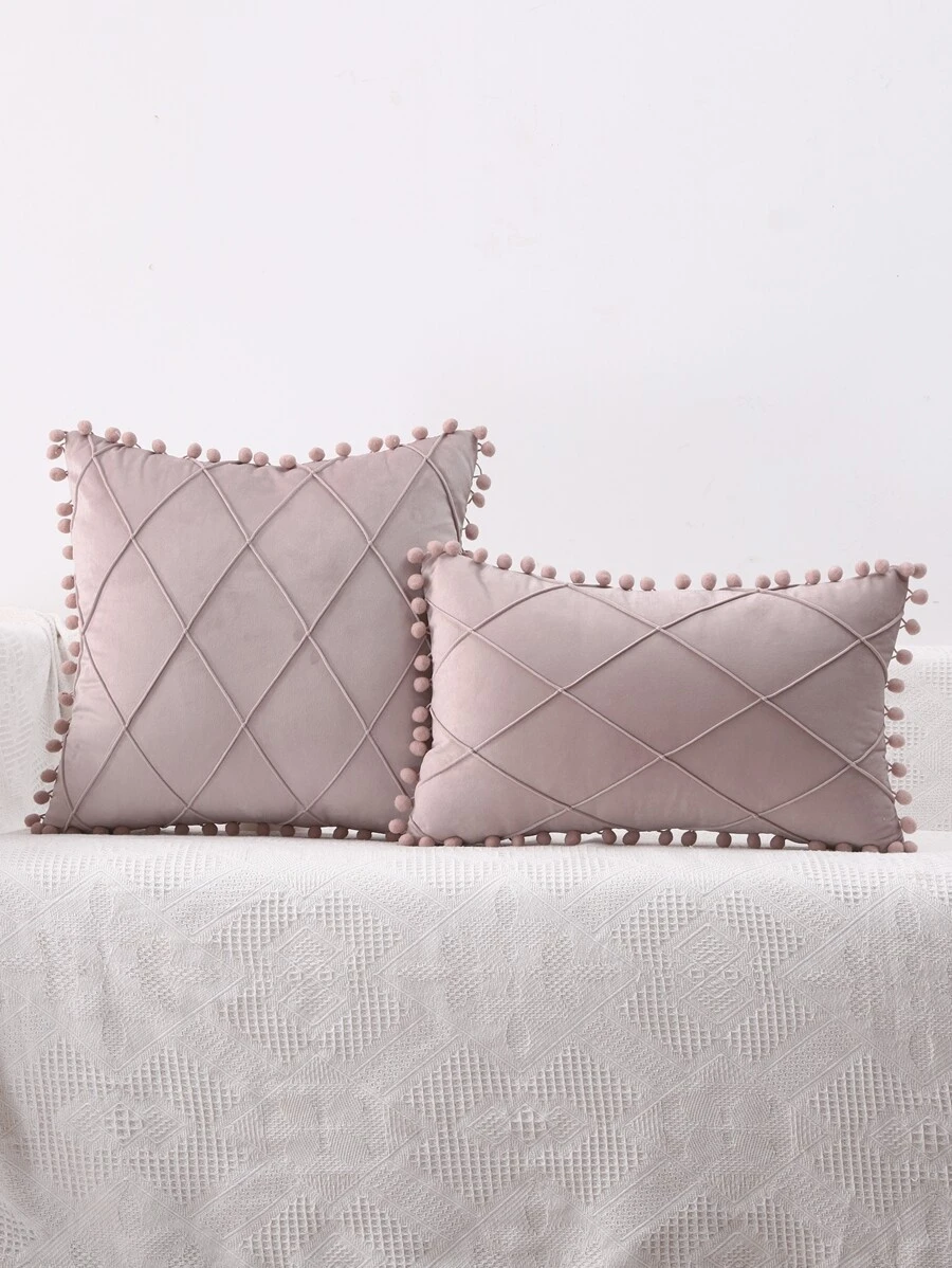 Miater 1pc Plush Ball & Crinkle Velvet Pillowcase - Pink - View 1